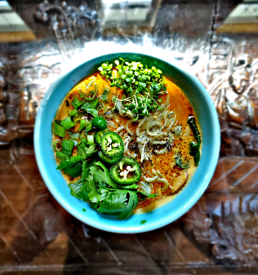 Thai Peanut Ramen Noodle Soup with Clover Microgreens