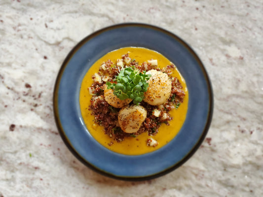 Seared Scallops with Apple Quinoa Salad & Butternut Squash Puree