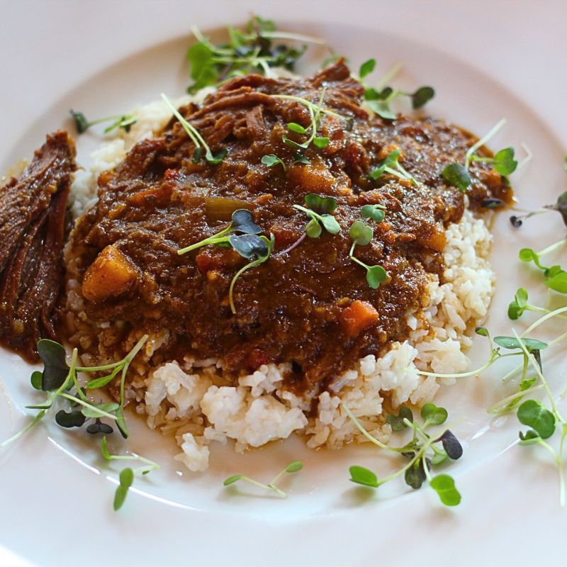 Slow Cooker Beef Curry Stew over Rice