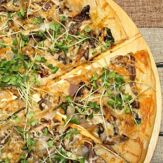 Olive Oil & Garlic Based Mushroom, Shallot & Radish Microgreen Pizza