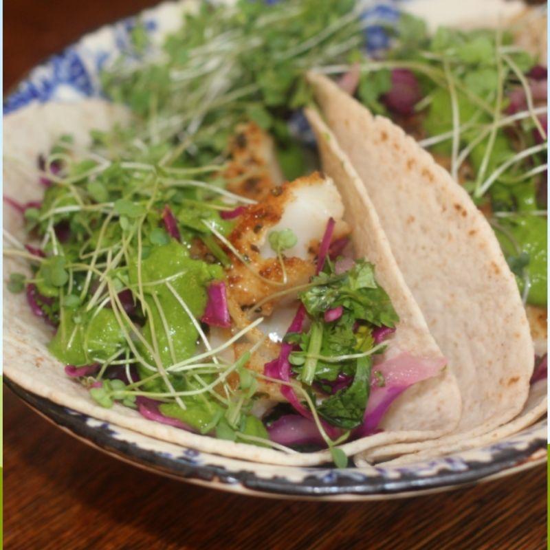 Blackened Fish Tacos with Cabbage Slaw & Cilantro Lime Sauce