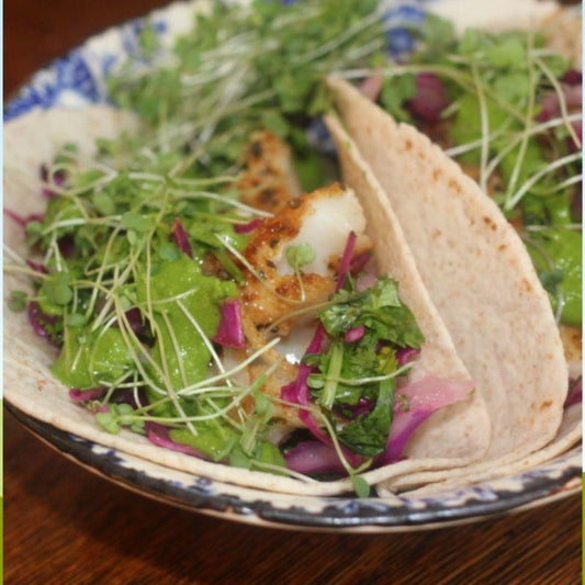 Blackened Fish Tacos with Cabbage Slaw & Cilantro Lime Sauce