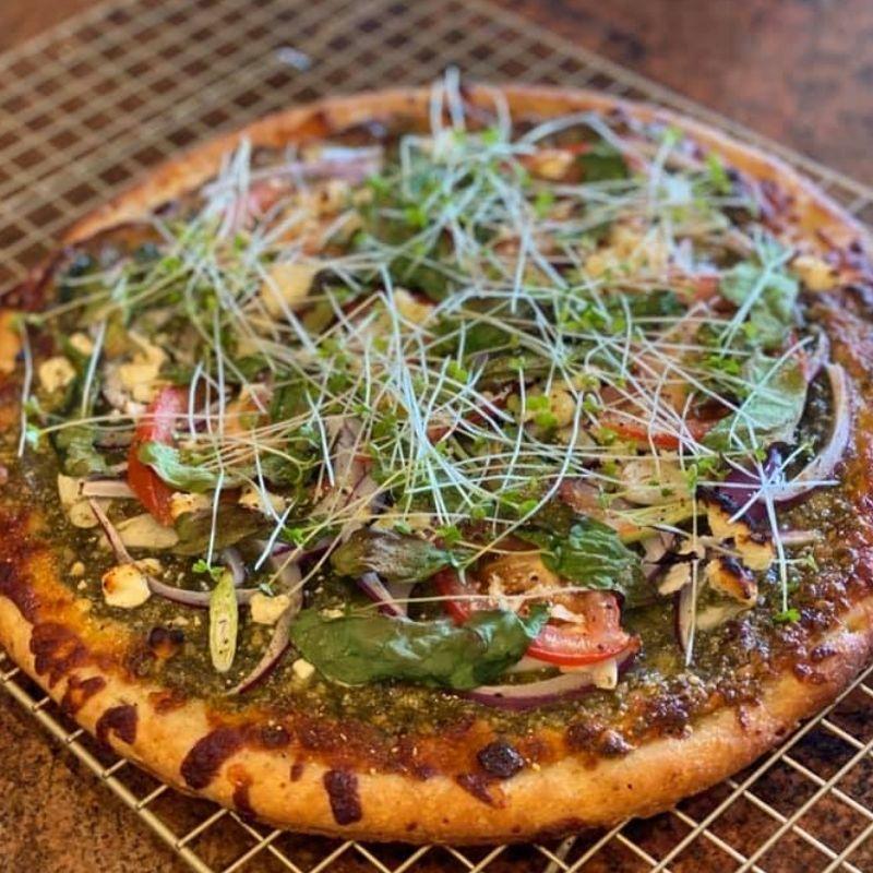 Spinach & Pesto Pizza Topped with Wasabi Mustard Microgreens