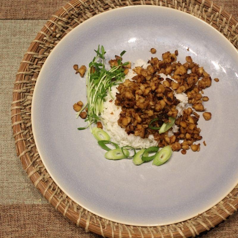 Vegan Taiwanese Braised Tempeh with Hamama Green Onions & Microgreens
