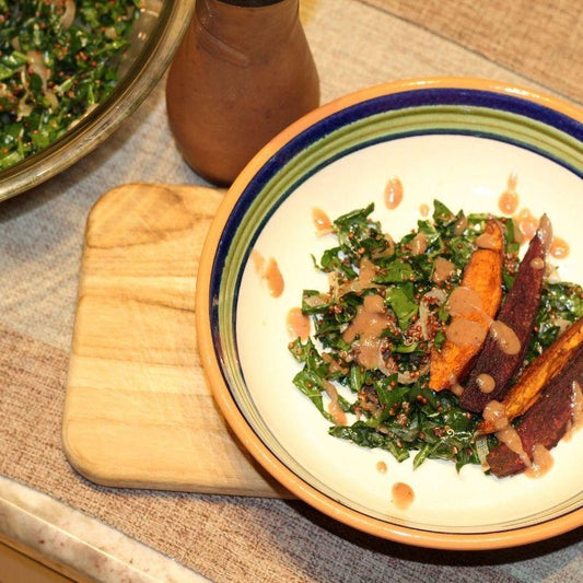 Roasted Sweet Potato, Kale, Quinoa & Shallot Salad with Maple Roasted Fig Balsamic Vinaigrette