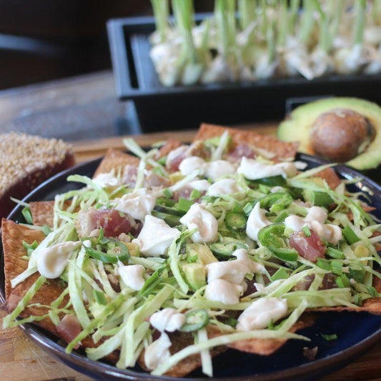 Ahi Tuna Wonton Nachos with Garlic Greens