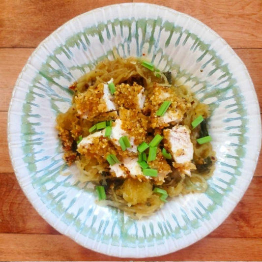 Browned Butter Spaghetti Squash with Breaded Chicken and Garlic Greens