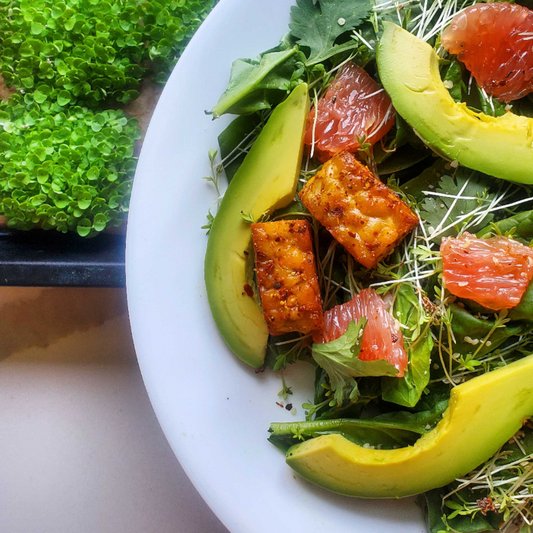 Chili-Marinated Tempeh with Avocado, Grapefruit & Garden Cress Salad