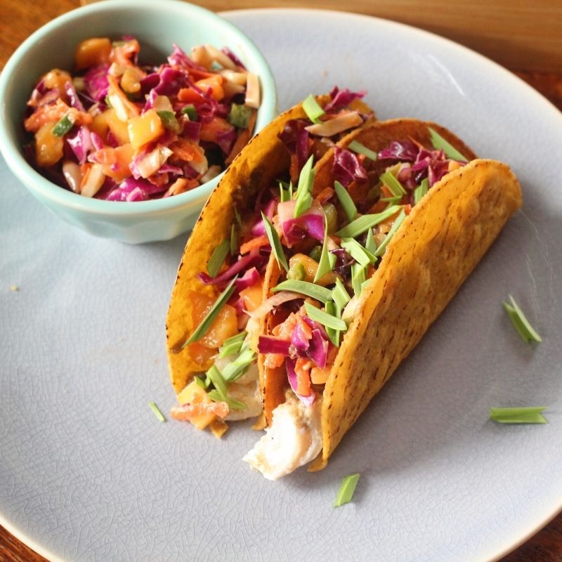 Jamaican Jerk Fish Tacos with Caribbean Mango Coleslaw