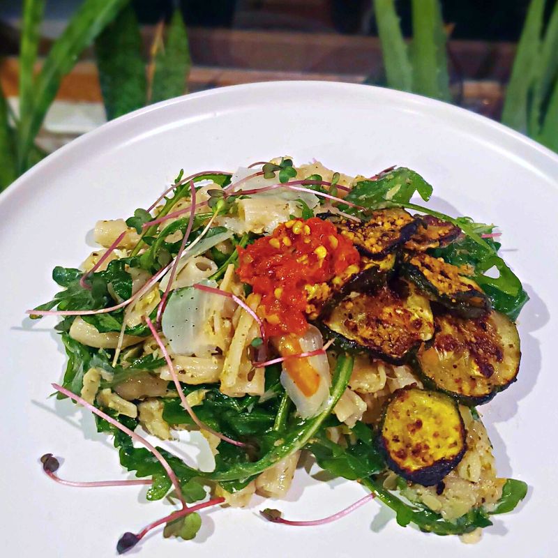 Artichoke Tapenade Pasta with Crispy Zucchini & Calabrian Peppers