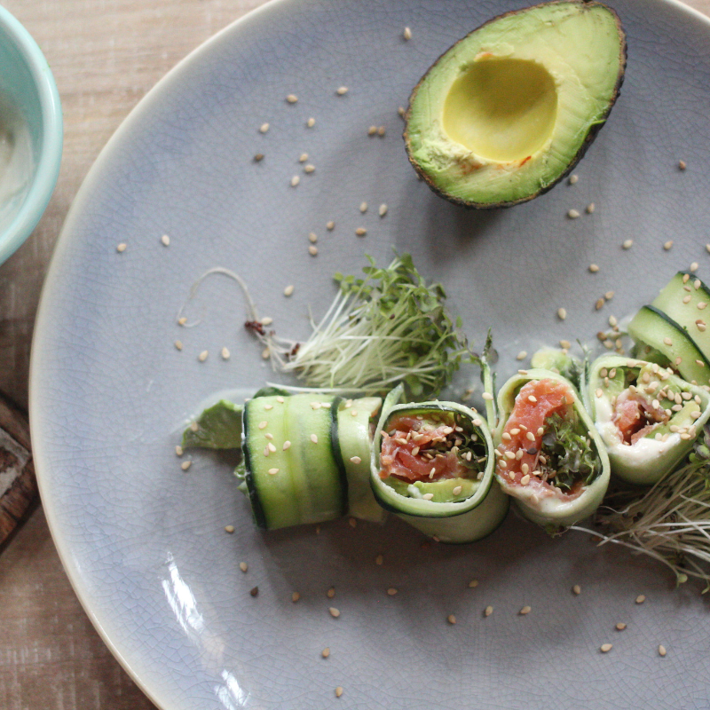 Smoked Salmon Cucumber Sushi Rolls with Wasabi Mustard Microgreens