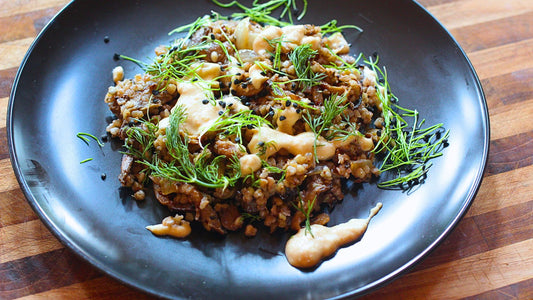 Buckwheat with Caramelized Mushrooms, Onions & Tahini Sauce