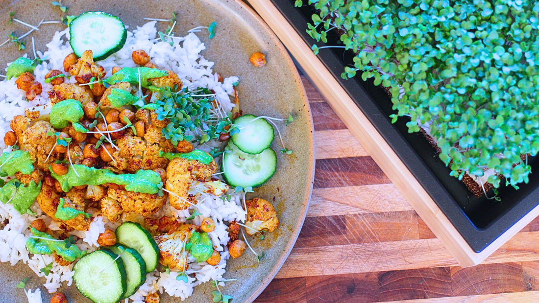 Herb Roasted Cauliflower & Chickpeas with Green Tahini Sauce
