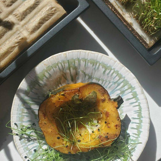 Roasted Acorn Squash with Fried Sage and Garlicky Chives Micro-herbs