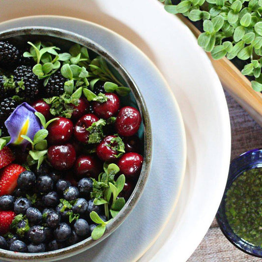 Berry Fruit Salad with Honey Lime & Mint Dressing & Cucumbery Borage Microgreens
