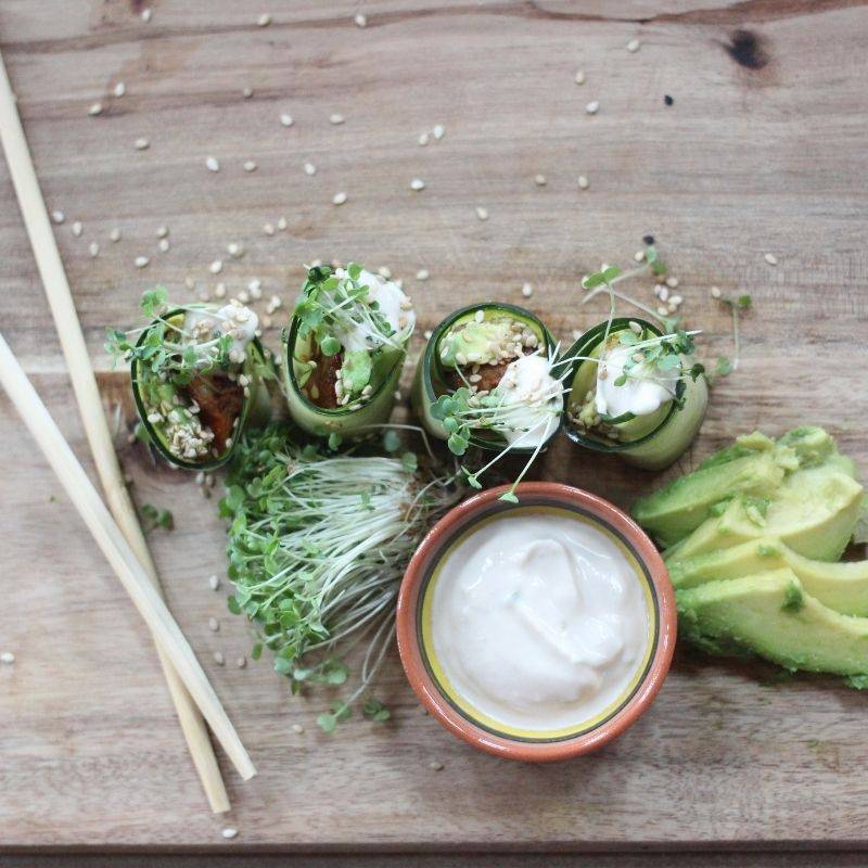 Wasabi Aioli Cucumber Sushi Roll with Avocado, Blackened Shrimp & Pepp