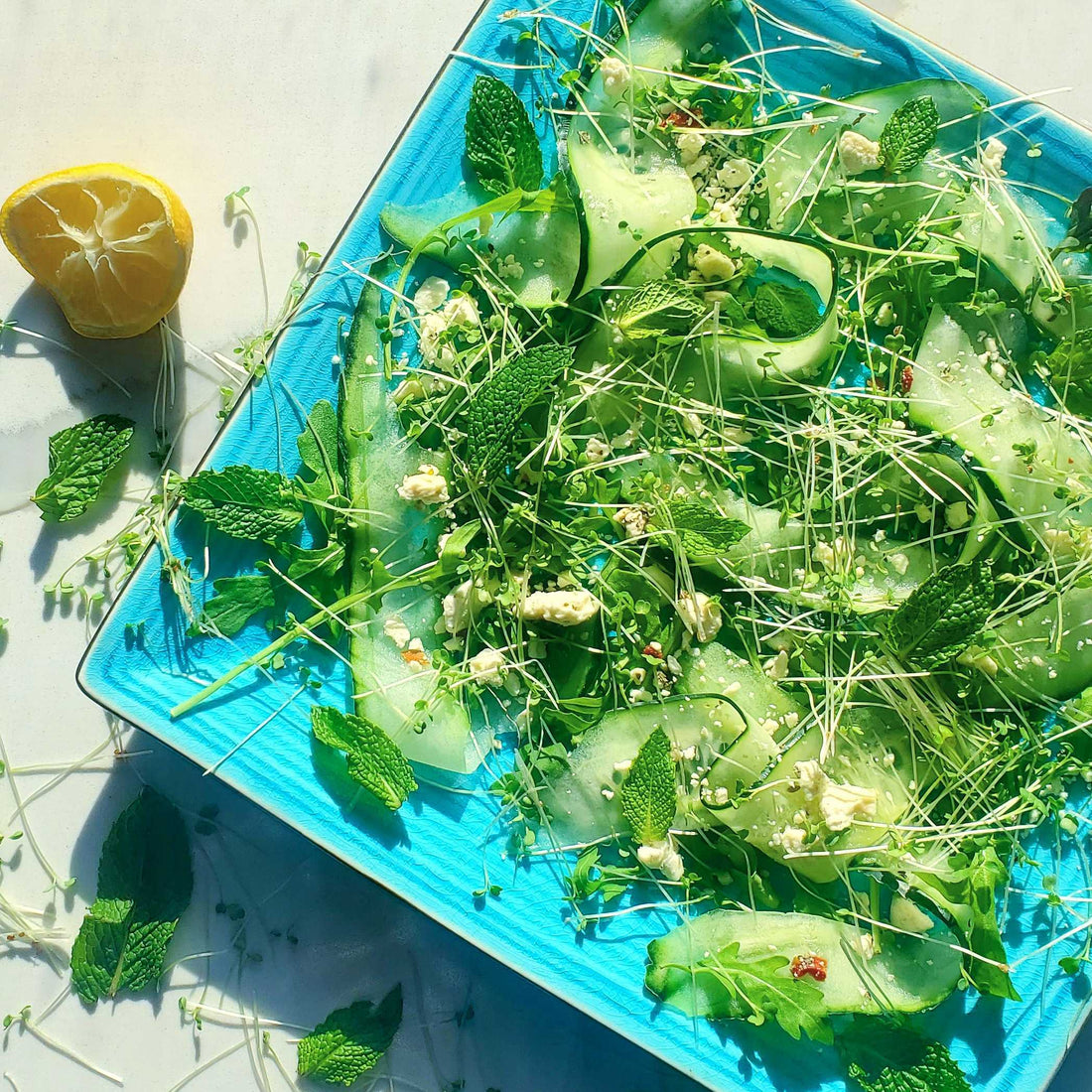 Peppery Arugula Microgreen Salad with Cucumber, Feta & Mint