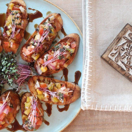 Tomato & Microgreen Bruschetta with Balsamic Vinegar Glaze