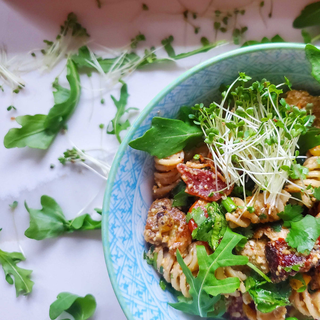 Charred Corn, Peppered Bacon & Pesto Chicken Pasta Salad with Peppery Arugula Microgreens